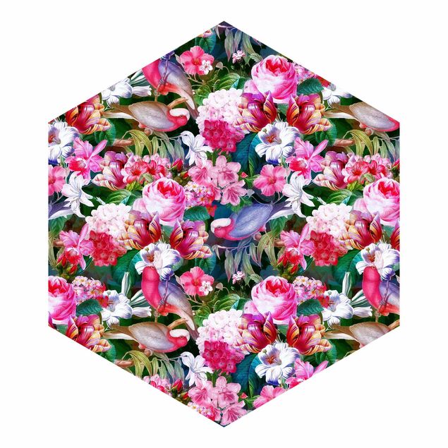Tapet moderne Colourful Tropical Flowers With Birds Pink