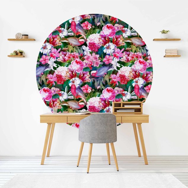 Tapet roser Colourful Tropical Flowers With Birds Pink