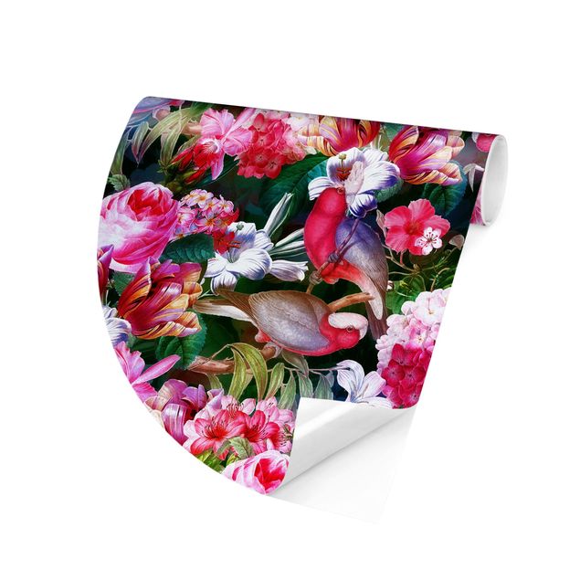 Fugle tapet Colourful Tropical Flowers With Birds Pink