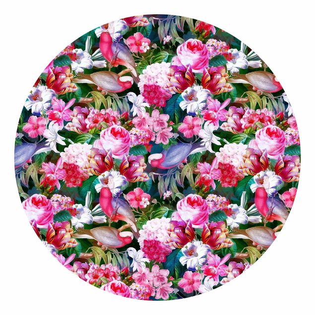 Fototapet blomster Colourful Tropical Flowers With Birds Pink