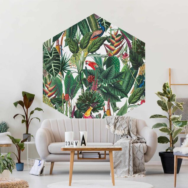 Tapet blomster Colourful Tropical Rainforest Pattern