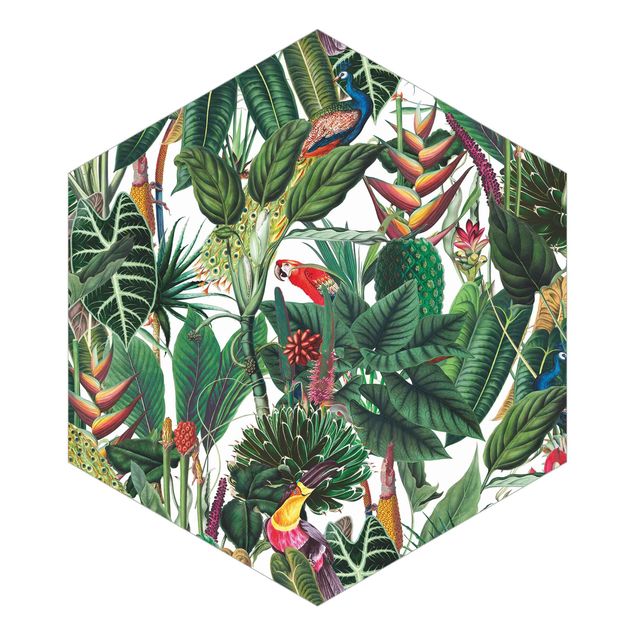 Grøn tapet Colourful Tropical Rainforest Pattern