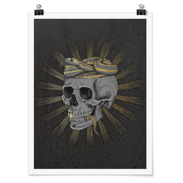 Billeder kunsttryk Illustration Skull And Snake Black Gold