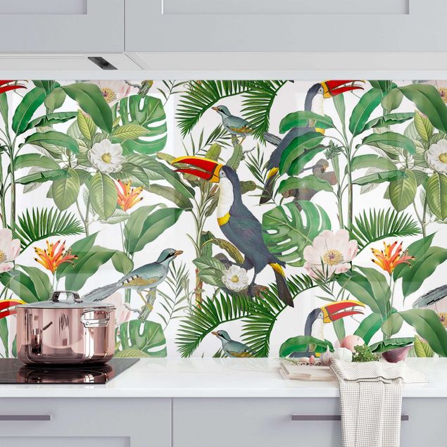 køkken dekorationer Tropical Toucan With Monstera And Palm Leaves II