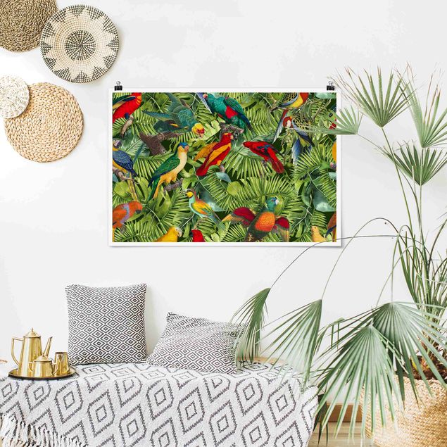 Plakater blomster Colourful Collage - Parrots In The Jungle