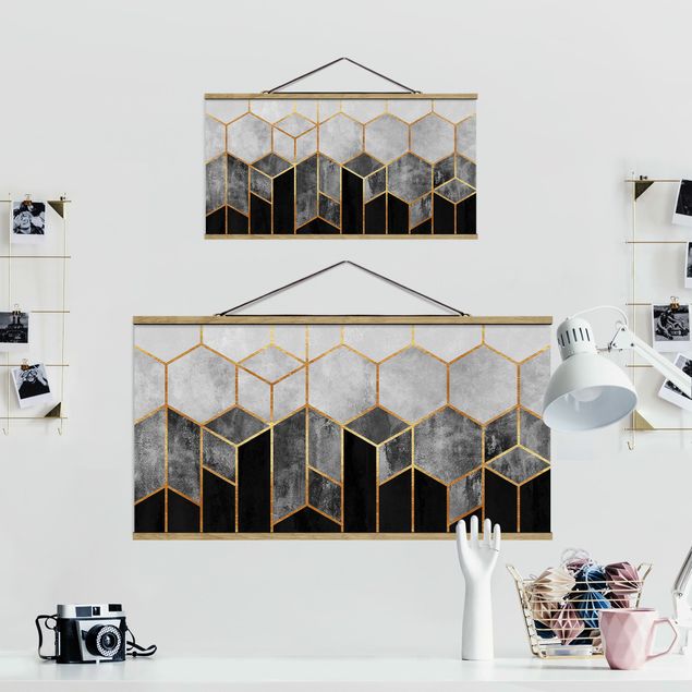 Billeder Golden Hexagons Black And White