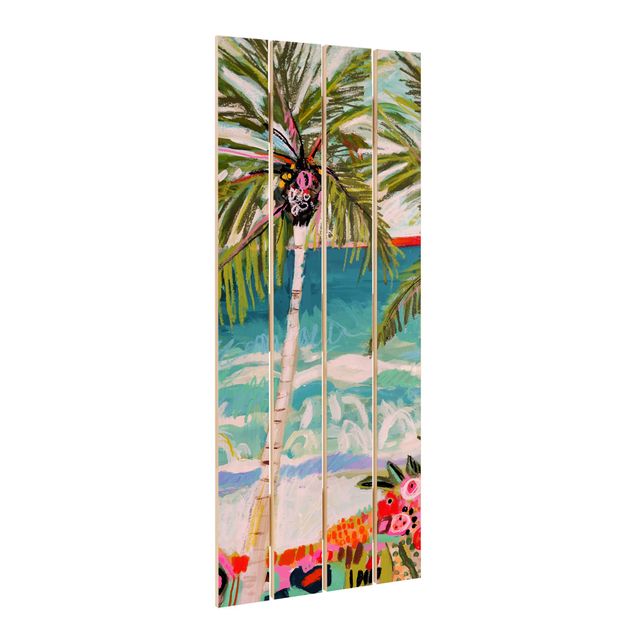 Prints på træ Palm Tree With Pink Flowers I