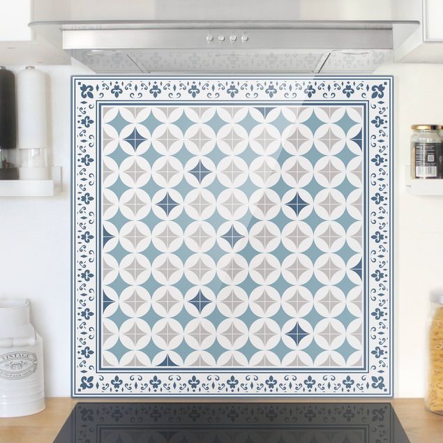 køkken dekorationer Geometrical Tiles Circular Flowers Dark Blue With Border
