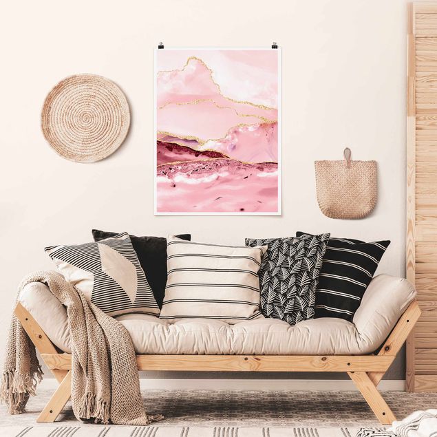 Plakater kunsttryk Abstract Mountains Pink With Golden Lines