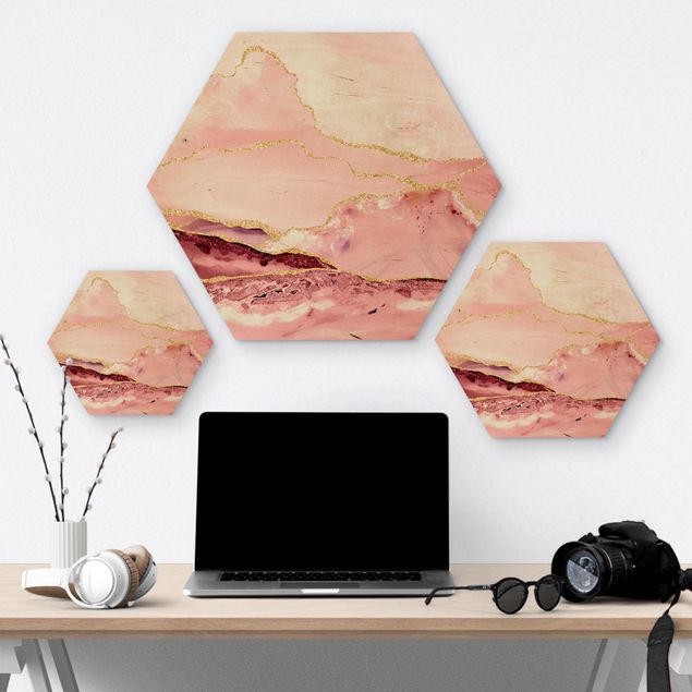 Sekskantede billeder Abstract Mountains Pink With Golden Lines
