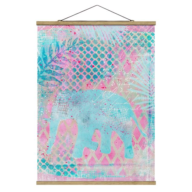Billeder blomster Colourful Collage - Elephant In Blue And Pink