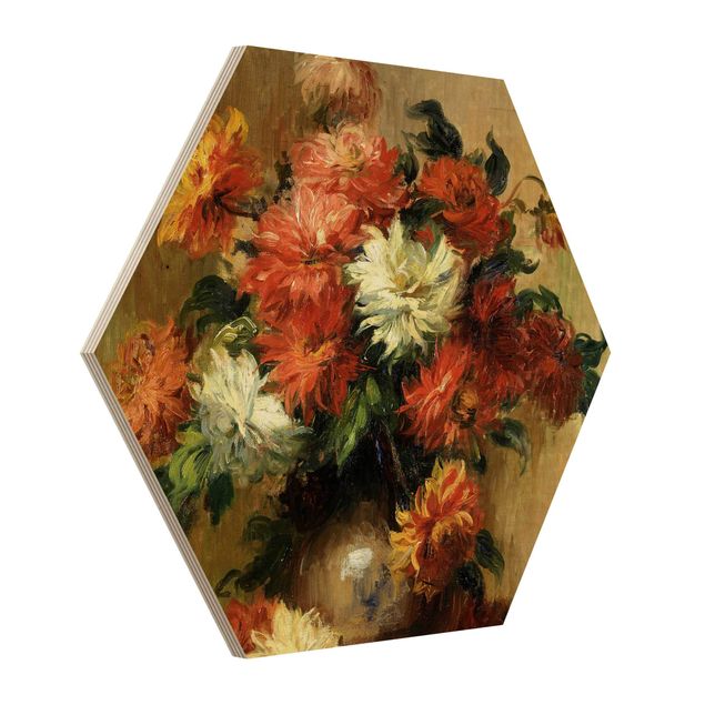 Prints på træ blomster Auguste Renoir - Still Life with Dahlias