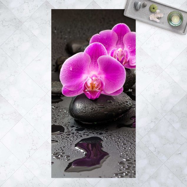 udendørstæpper Pink Orchid Flower On Stones With Drops
