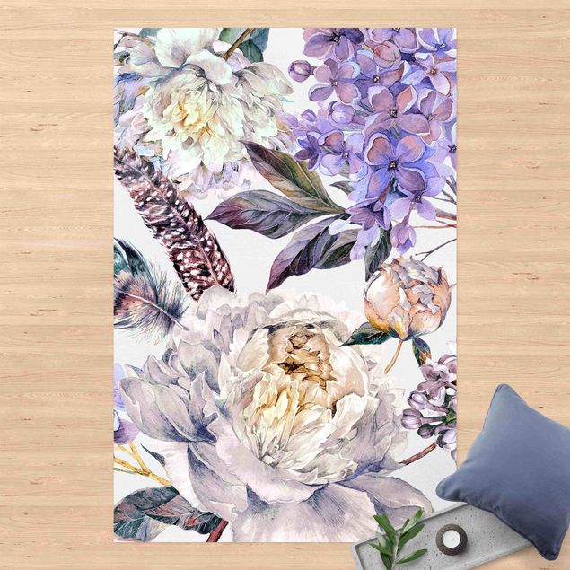 tæppe til terrassen Delicate Watercolour Boho Flowers And Feathers Pattern