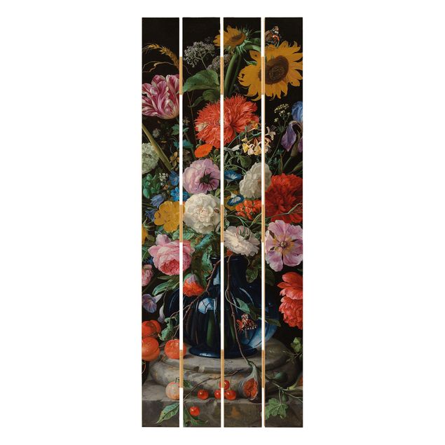 Billeder Jan Davidsz de Heem - Tulips, a Sunflower, an Iris and other Flowers in a Glass Vase on the Marble Base of a Column