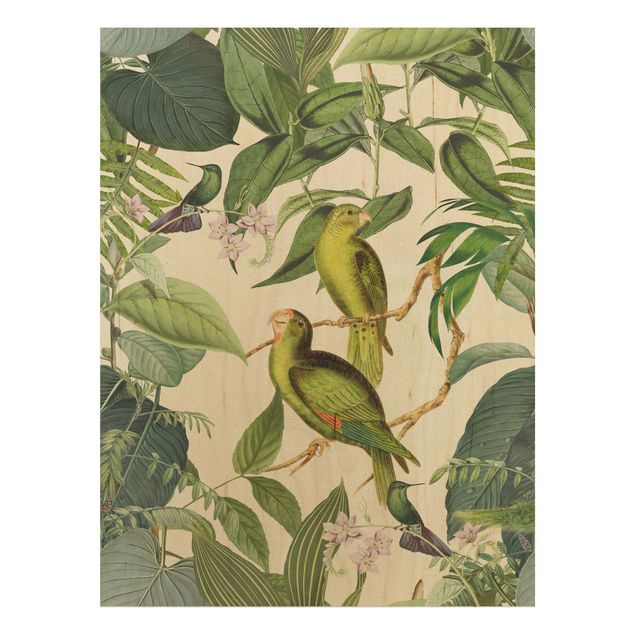 Prints på træ blomster Vintage Collage - Parrots In The Jungle