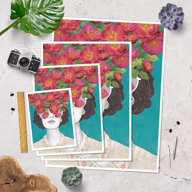 Plakater Illustration Portrait Woman Collage With Flowers Glasses