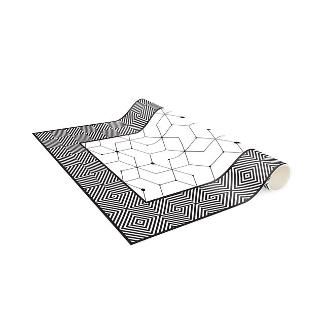 Tæpper fliselook Geometrical Tiles Dotted Lines Black And White With Border