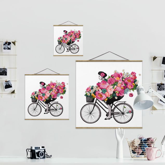 Billeder Laura Graves Art Illustration Woman On Bicycle Collage Colourful Flowers