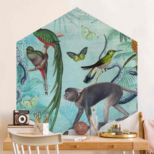 Tapet sommerfugle Colonial Style Collage - Monkeys And Birds Of Paradise