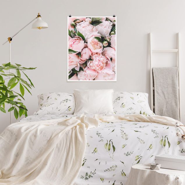 Plakater blomster Pink Peonies With Leaves