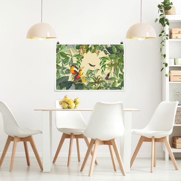 Plakater blomster Vintage Collage - Birds In The Jungle