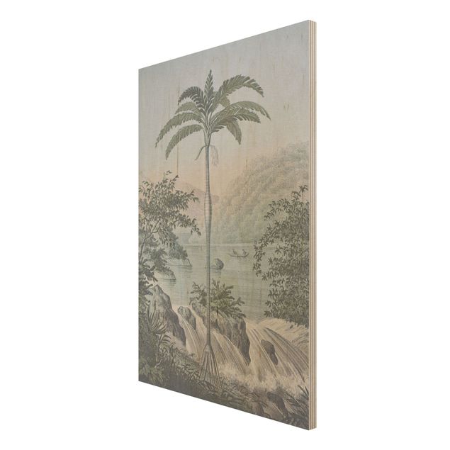 Prints på træ vintage Vintage Illustration - Landscape With Palm Tree