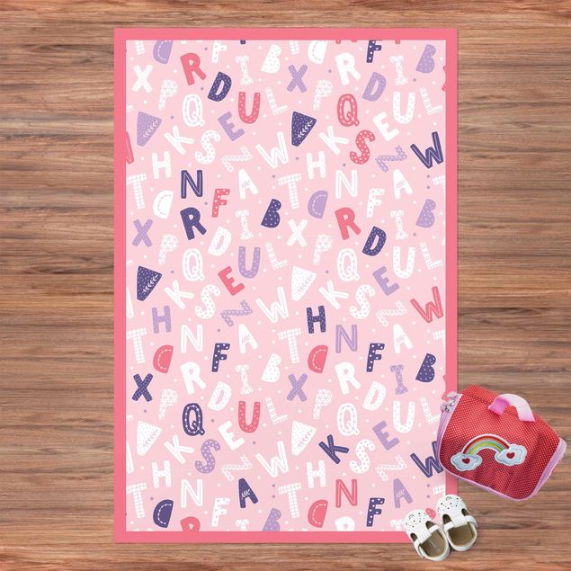 Tæppe til altan Alphabet With Hearts And Dots In Light Pink With Frame