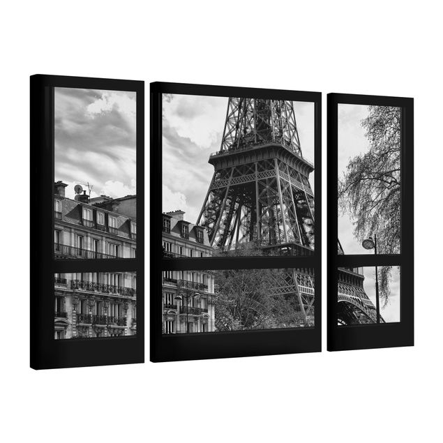 Billeder på lærred arkitektur og skyline Window view Paris - Near the Eiffel Tower black and white