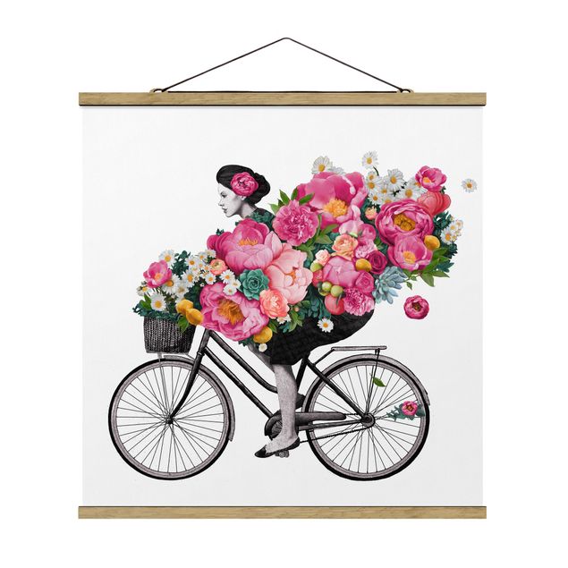Billeder kunsttryk Illustration Woman On Bicycle Collage Colourful Flowers