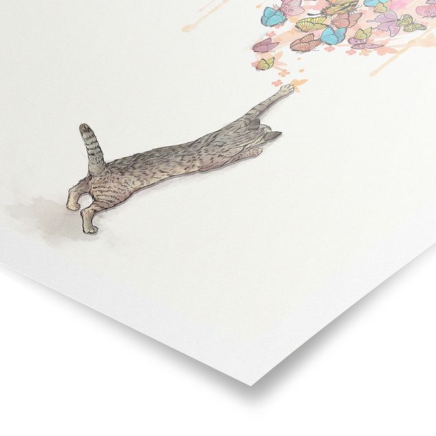 Plakater dyr Illustration Cat With Colourful Butterflies Painting