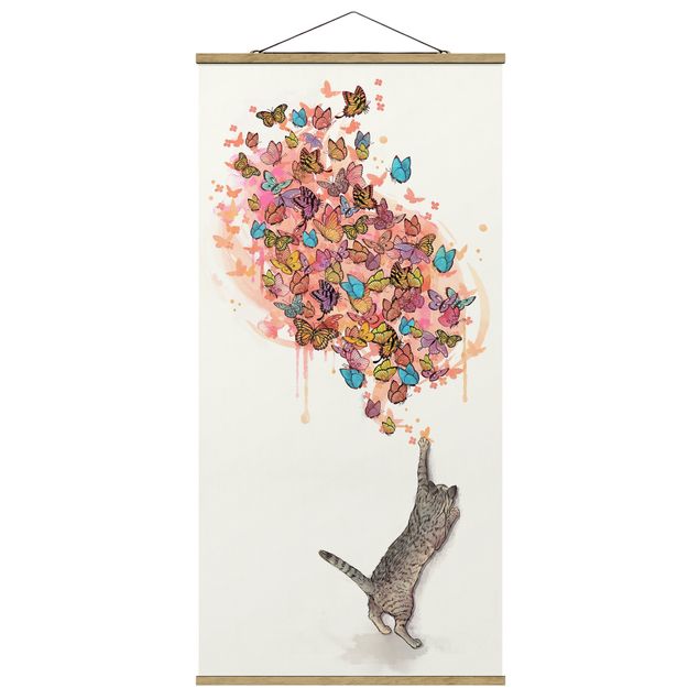 Billeder kunsttryk Illustration Cat With Colourful Butterflies Painting