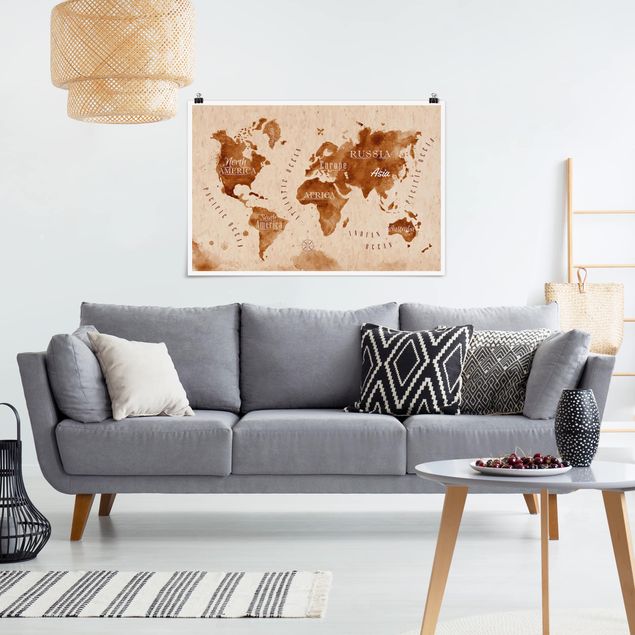 Plakater verdenskort World Map Watercolour Beige Brown