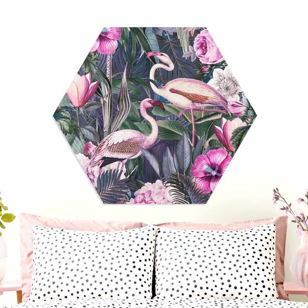 køkken dekorationer Colorful Collage - Pink Flamingos In The Jungle