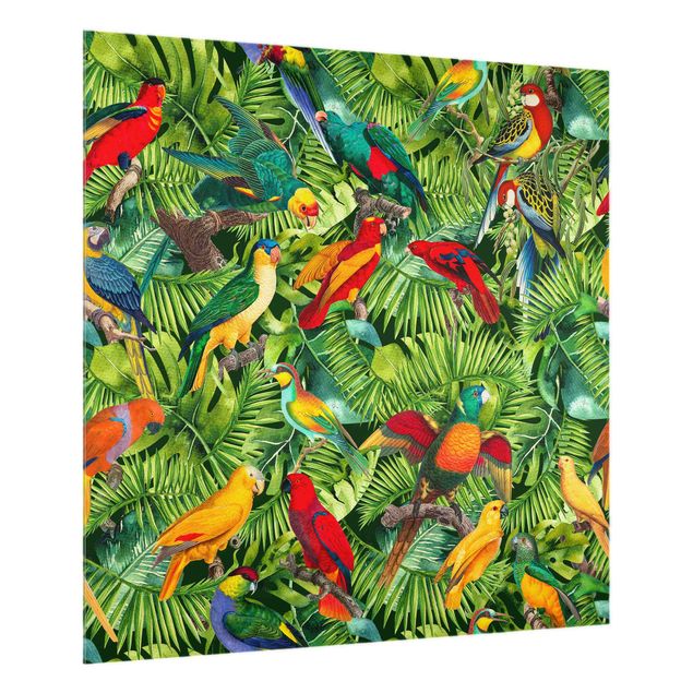 Stænkplader glas Colourful Collage - Parrots In The Jungle