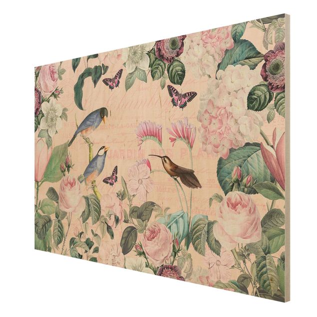 Prints på træ vintage Vintage Collage - Roses And Birds
