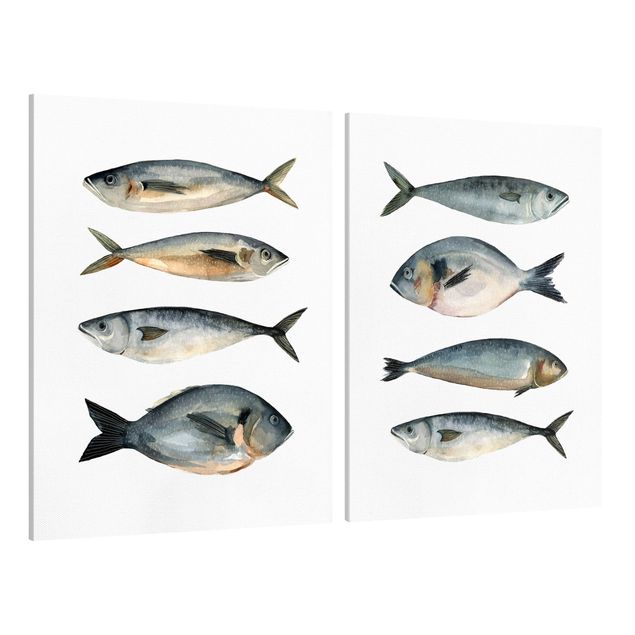 Billeder på lærred dyr Eight Fish In Watercolour Set I