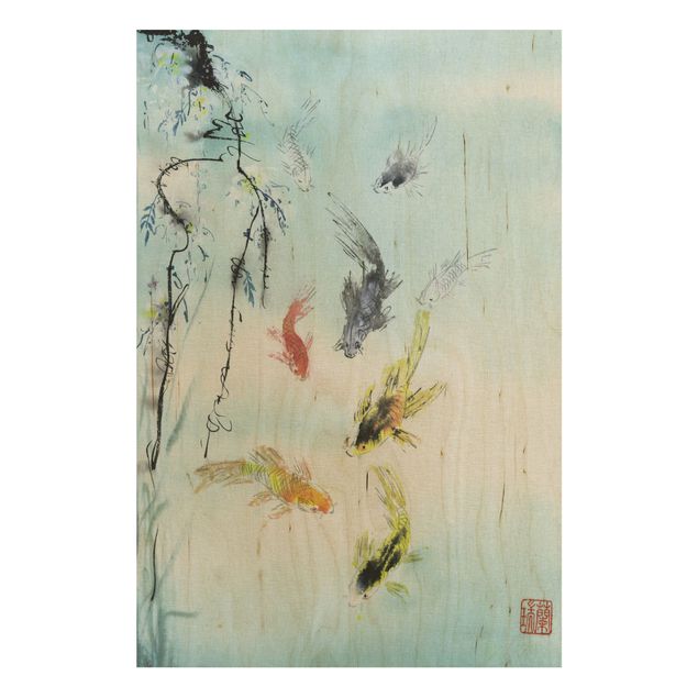 Prints på træ vintage Japanese Watercolour Drawing Goldfish I