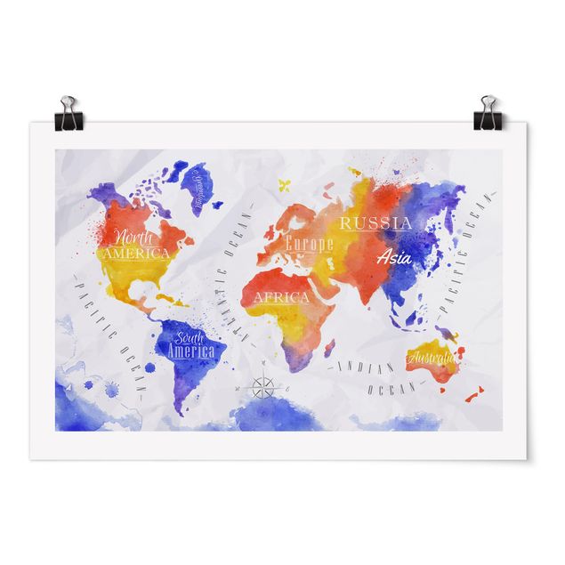 Billeder moderne World Map Watercolour Purple Red Yellow