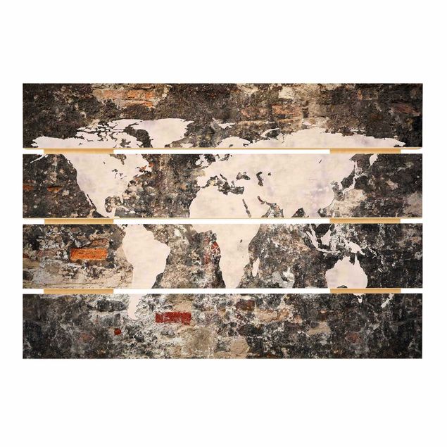 Prints på træ Old Wall World Map