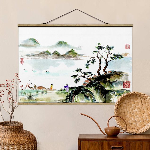 køkken dekorationer Japanese Watercolour Drawing Lake And Mountains