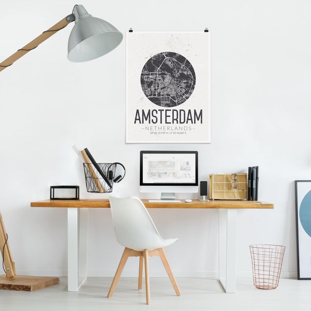 Plakater sort og hvid Amsterdam City Map - Retro