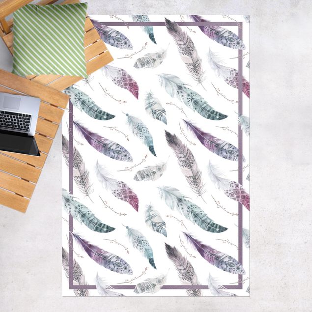 udendørs gulvtæppe Boho Watercolour Feathers In Aubergine And Petrol Colour With Frame