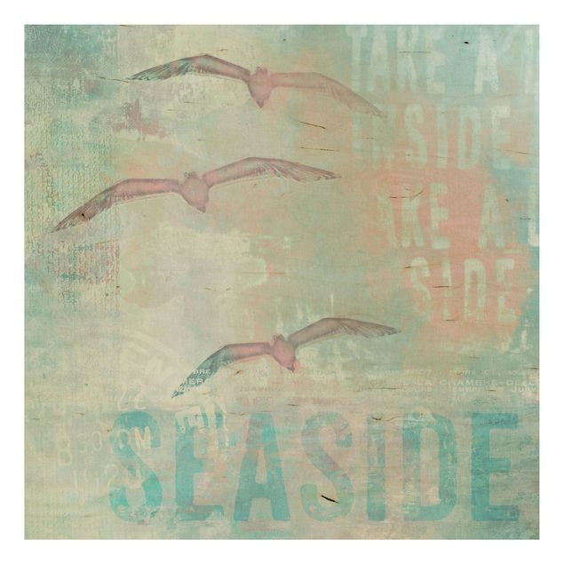 Prints på træ ordsprog Shabby Chic Collage - Seagulls