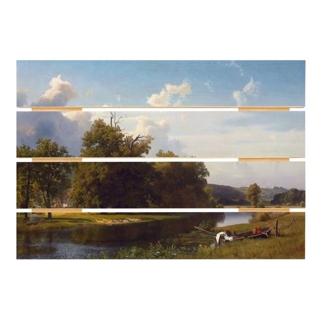 Prints på træ landskaber Albert Bierstadt - A River Landscape, Westphalia