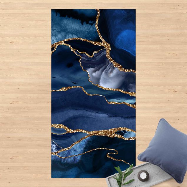 Tæppe til altan Golden Glitter Waves Blue backdrop