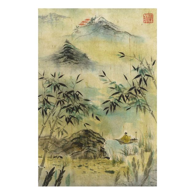 Prints på træ landskaber Japanese Watercolour Drawing Bamboo Forest