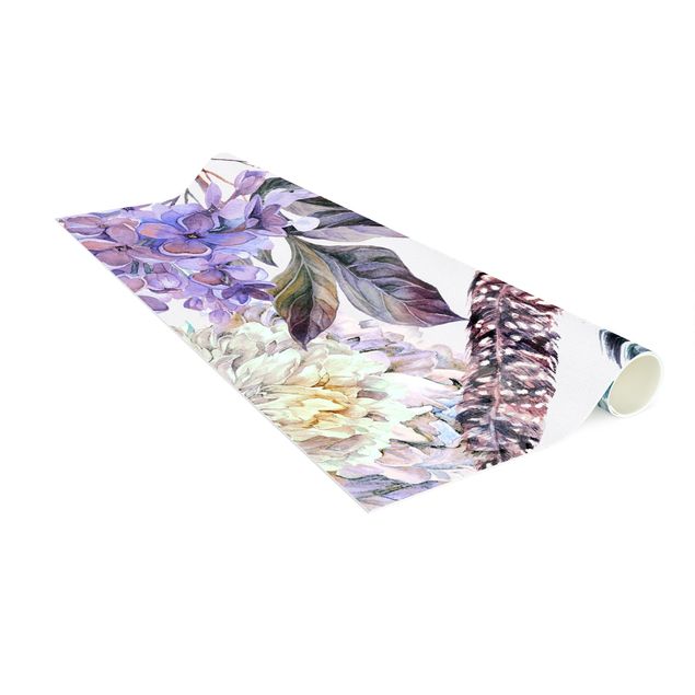 Blomstret tæppe Delicate Watercolour Boho Flowers And Feathers Pattern