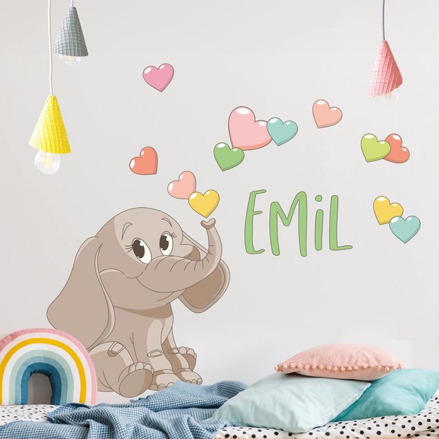 Wallstickers elefanter Rainbow Elephant With Colourful Hearts