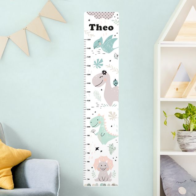 Wallstickers målestave Dino Pastel With Customised Name